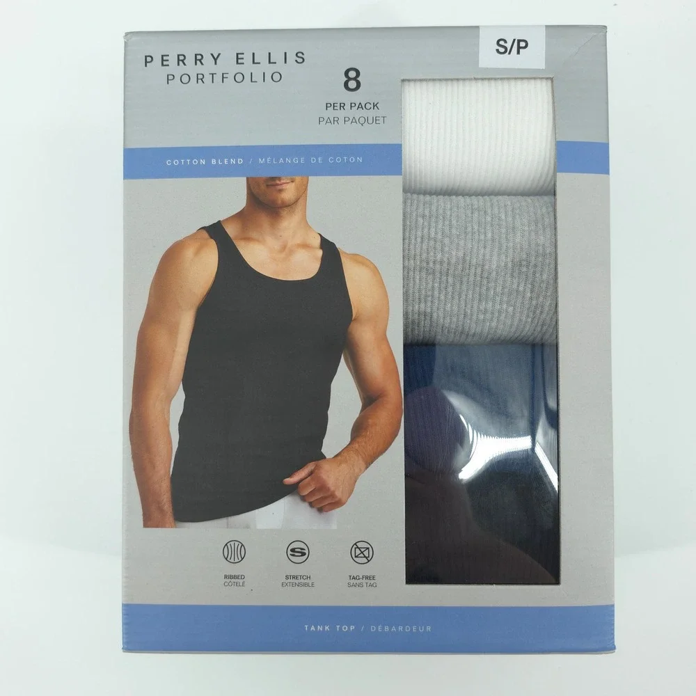 Perry Ellis Mens 8 Pack Tank Tops Cotton Blend Multi Color Small Ribbed Stretch